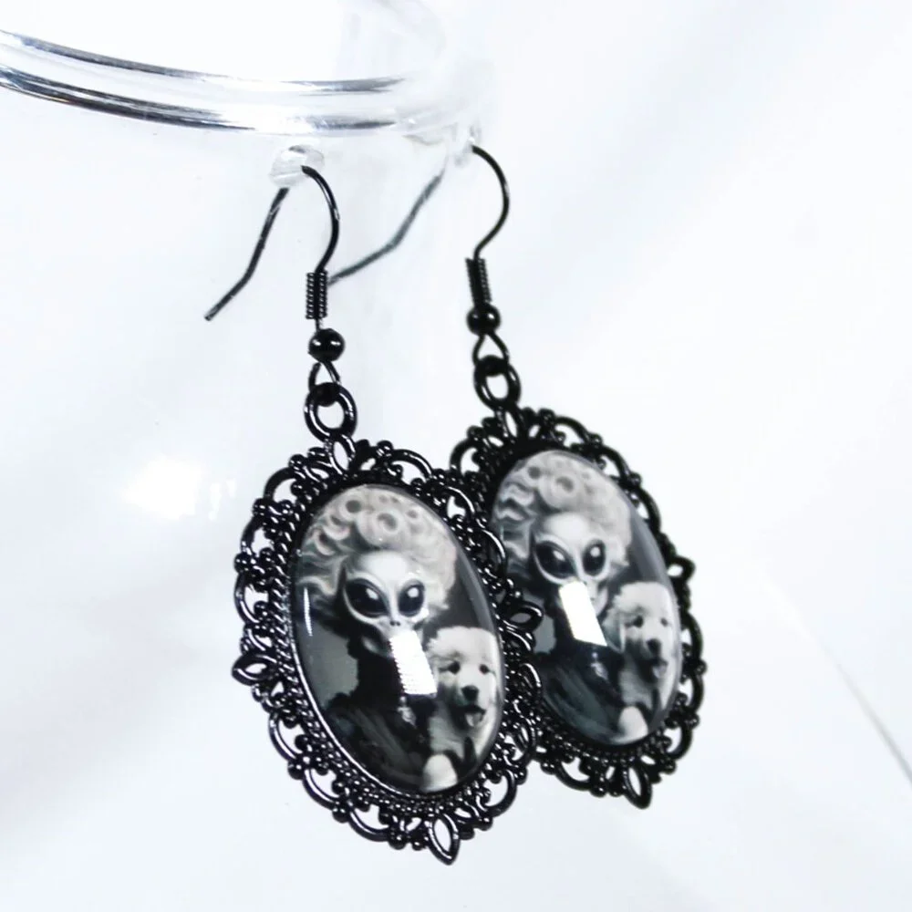 Alien Aristopaw Gothic Victorian Alien Woman & Pyrenees Puppy Earrings